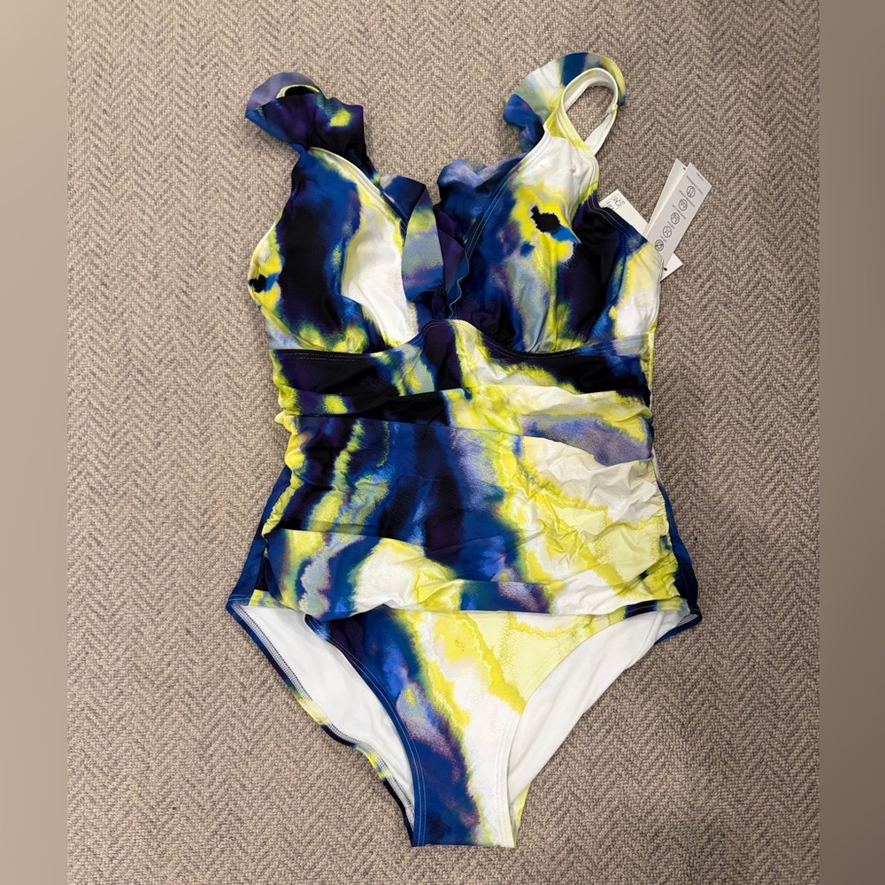 DKNY Ruffle Plunge Underwire Tummy Control One-Piece Swimsuit with Cups - Picture 2 of 5